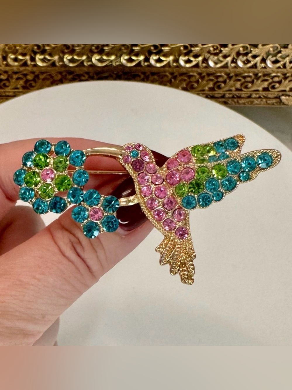VTG Monet - Crystal-Encrusted Hummingbird & Flower Signed Brooch/Pin EUC